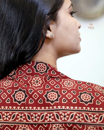 Cotton Ajrakh Printed Set with Potli Button Detail-Brick Red