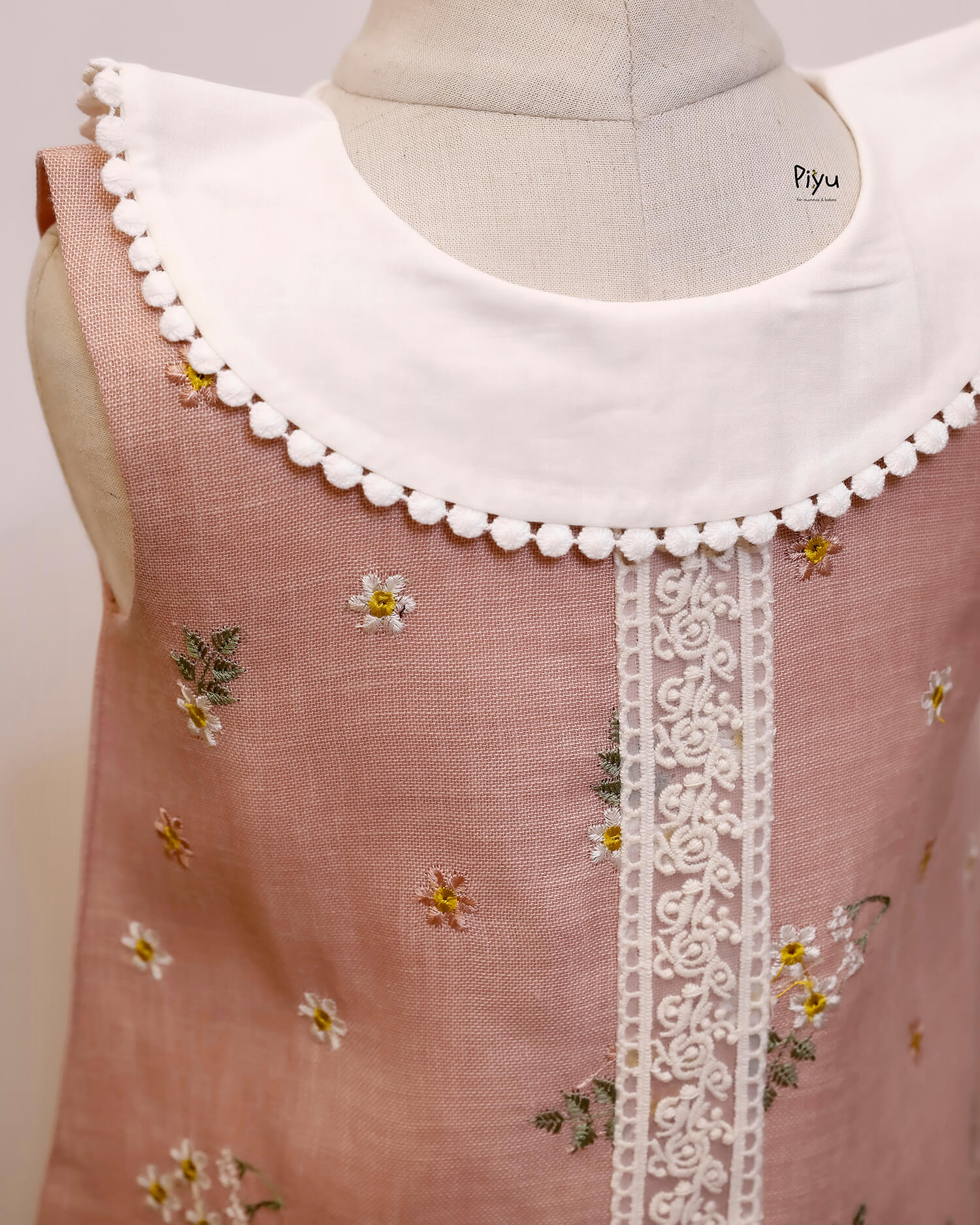 Linen Embroidered A-Line Frocks with Lace Collar-Light Peach.