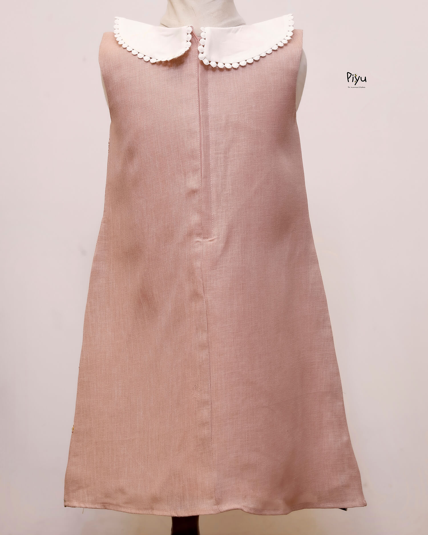 Linen Embroidered A-Line Frocks with Lace Collar-Light Peach.