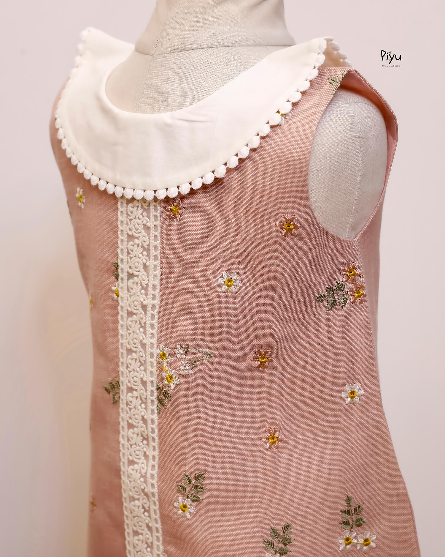 Linen Embroidered A-Line Frocks with Lace Collar-Light Peach.