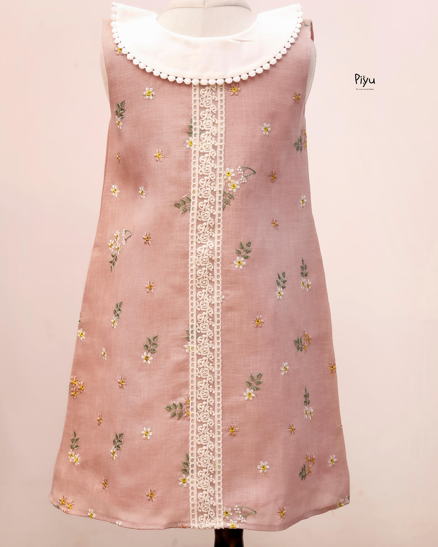 Linen Embroidered A-Line Frocks with Lace Collar-Light Peach.