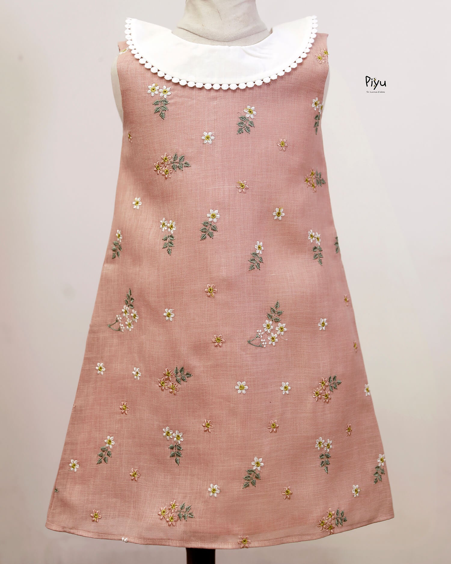 Linen A-Line Dress Embroidered Detail & Lace Collar-Light Peach.