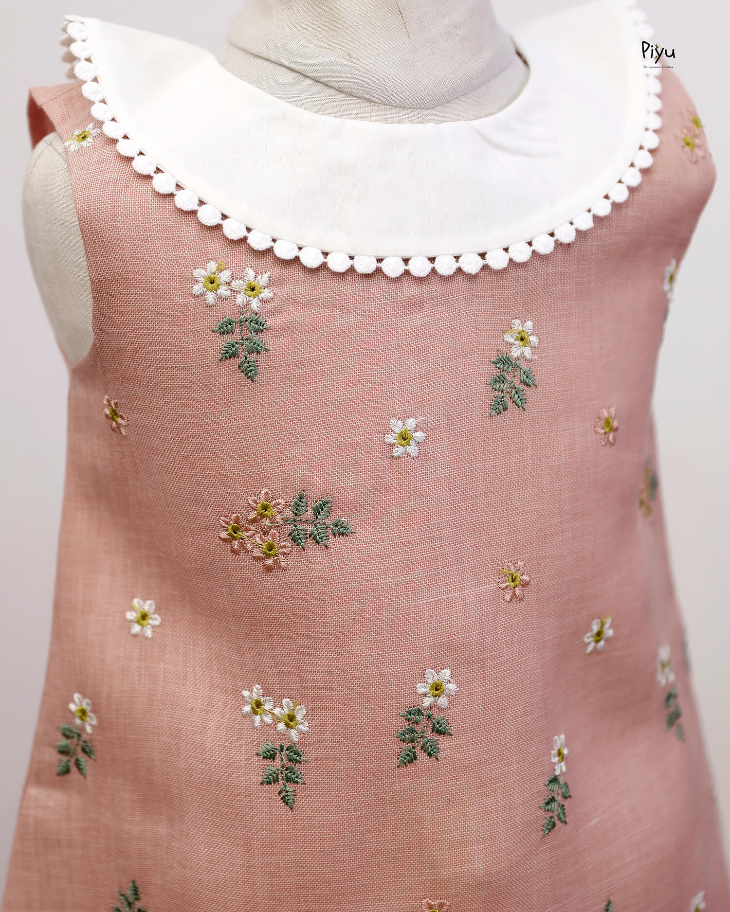 Linen A-Line Dress Embroidered Detail & Lace Collar-Light Peach.