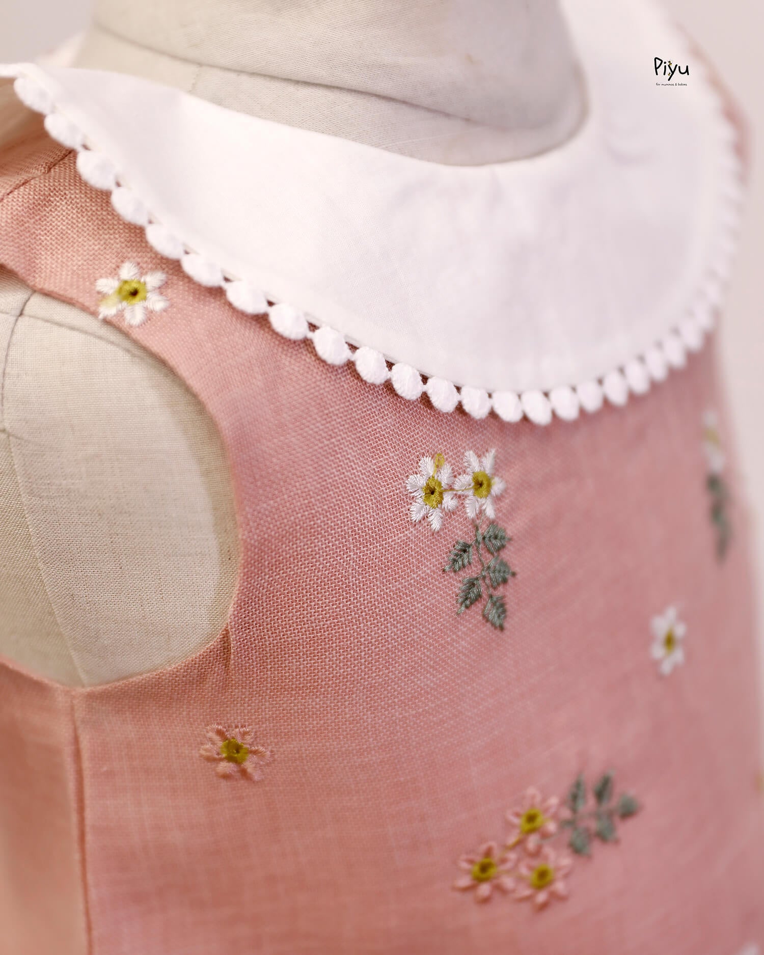 Linen A-Line Dress Embroidered Detail & Lace Collar-Light Peach.