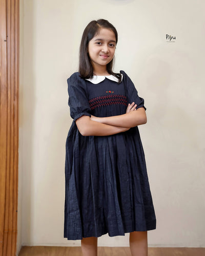 Pintuck Peter Pan Dress - Navy & Red Smocked