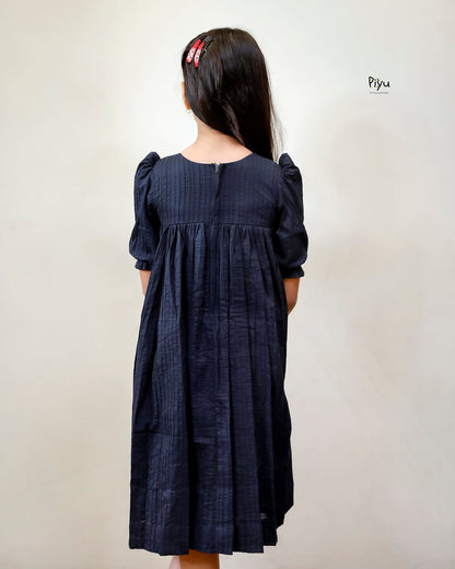 Pintuck Peter Pan Dress - Navy & Red Smocked