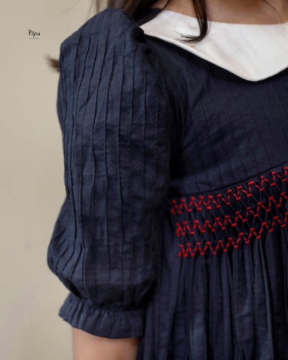 Pintuck Peter Pan Dress - Navy & Red Smocked