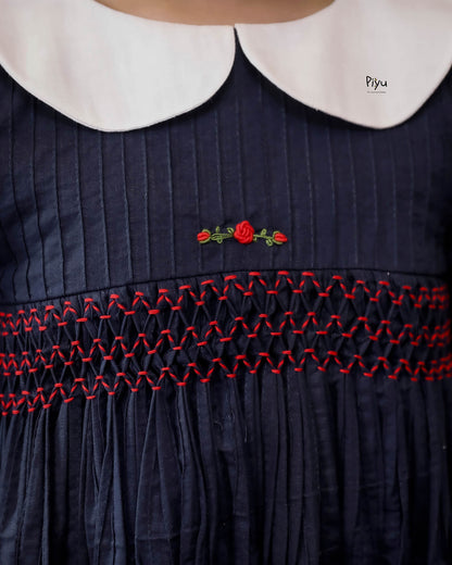 Pintuck Peter Pan Dress - Navy & Red Smocked