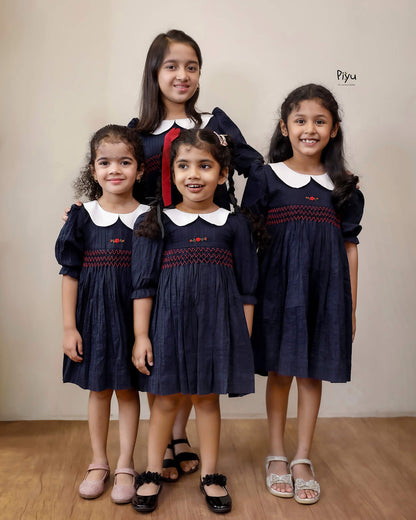 Pintuck Peter Pan Dress - Navy & Red Smocked