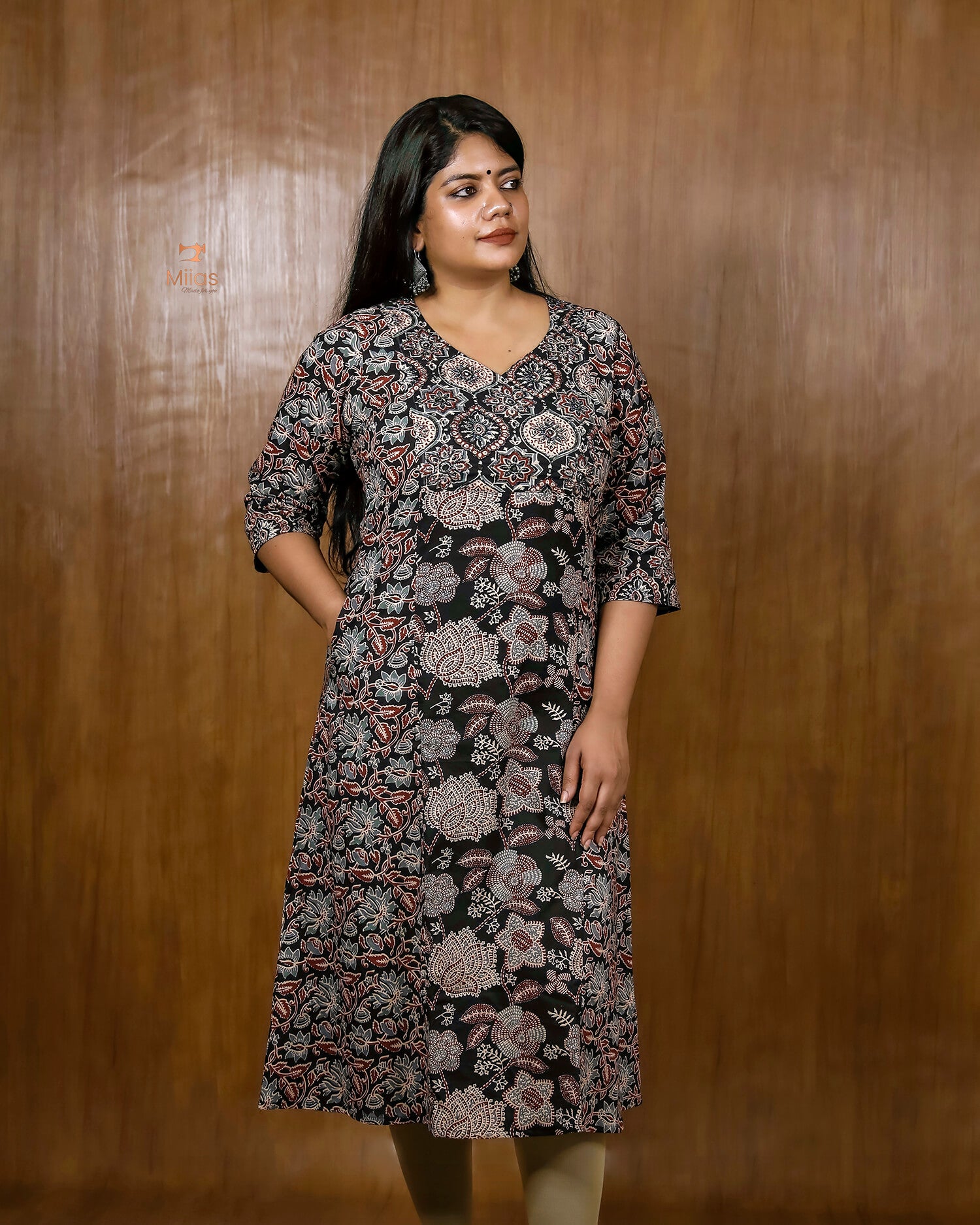 Printed Cotton 3-Panel Kurti with Mirror Work & Pocket