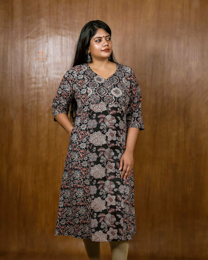 Printed Cotton 3-Panel Kurti with Mirror Work & Pocket