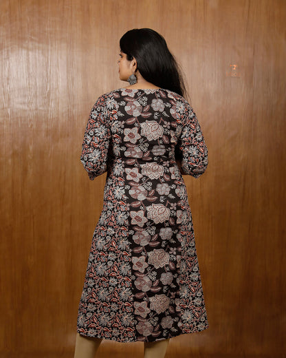Printed Cotton 3-Panel Kurti with Mirror Work & Pocket