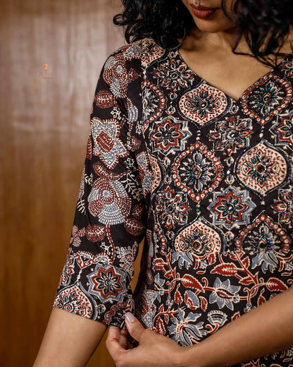 Printed Cotton 3-Panel Kurti with Mirror Work & Pocket