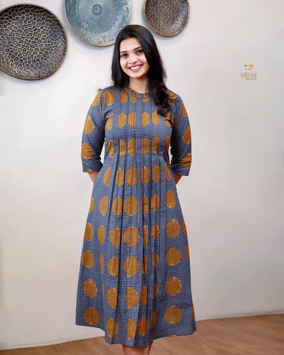 Cotton Ajrakh Print Kurti Handwork Beaded Neck-Deep Blue.