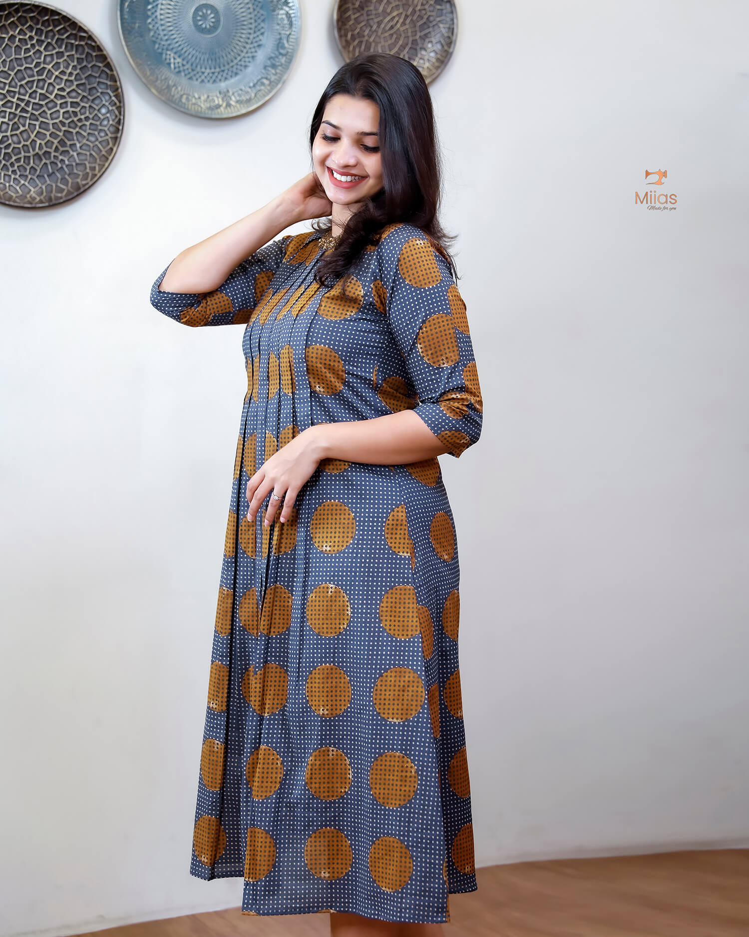 Cotton Ajrakh Print Kurti Handwork Beaded Neck-Deep Blue.