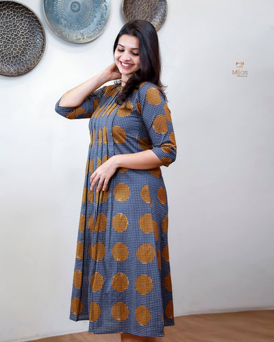 Cotton Ajrakh Print Kurti Handwork Beaded Neck-Deep Blue.