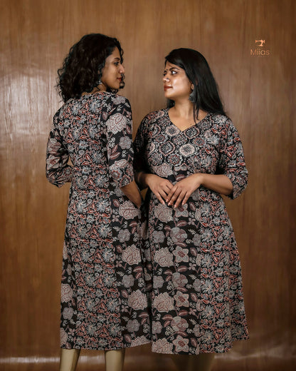 Printed Cotton 3-Panel Kurti with Mirror Work & Pocket