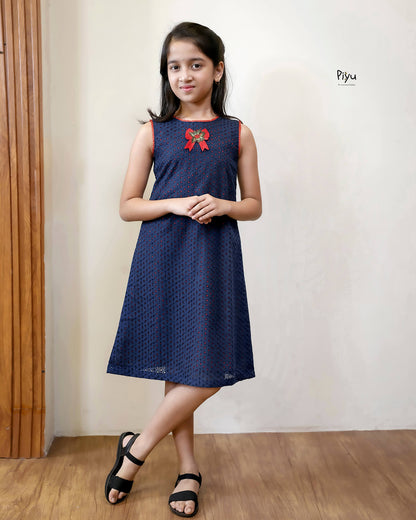 Cotton A-Line Frock: Embroidered & Lace Kids Dress-Navy Blue.