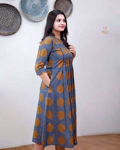 Cotton Ajrakh Print Kurti Handwork Beaded Neck-Deep Blue.