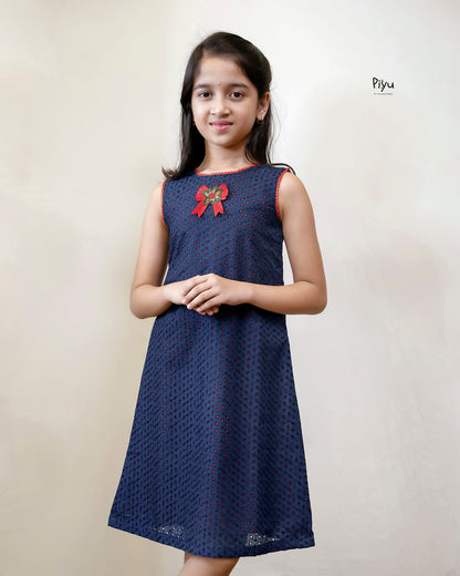 Cotton A-Line Frock: Embroidered & Lace Kids Dress-Navy Blue.