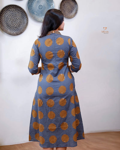 Cotton Ajrakh Print Kurti Handwork Beaded Neck-Deep Blue.