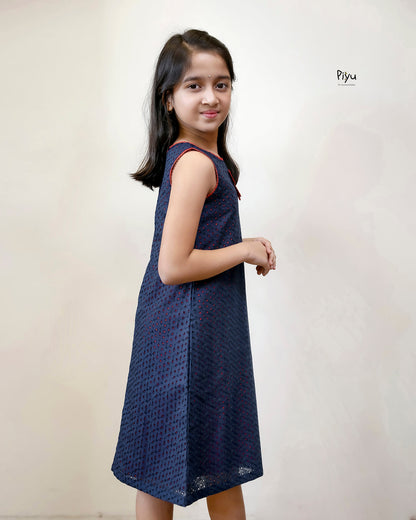 Cotton A-Line Frock: Embroidered & Lace Kids Dress-Navy Blue.