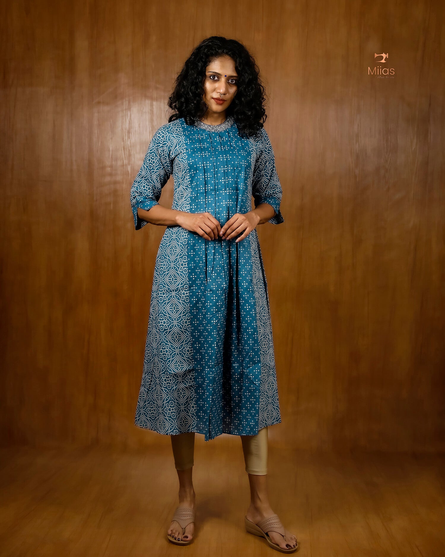 Printed Three Panel Kurti with Beaded Neck & Pocket