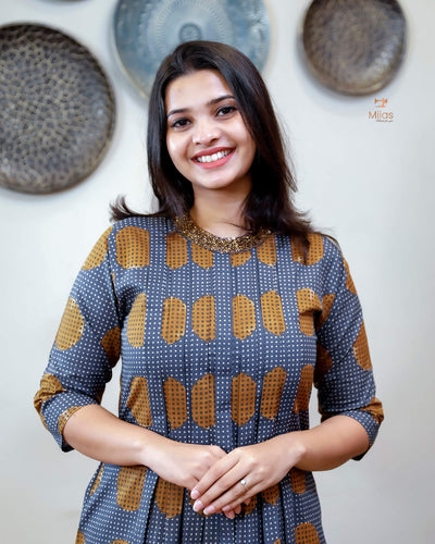 Cotton Ajrakh Print Kurti Handwork Beaded Neck-Deep Blue.