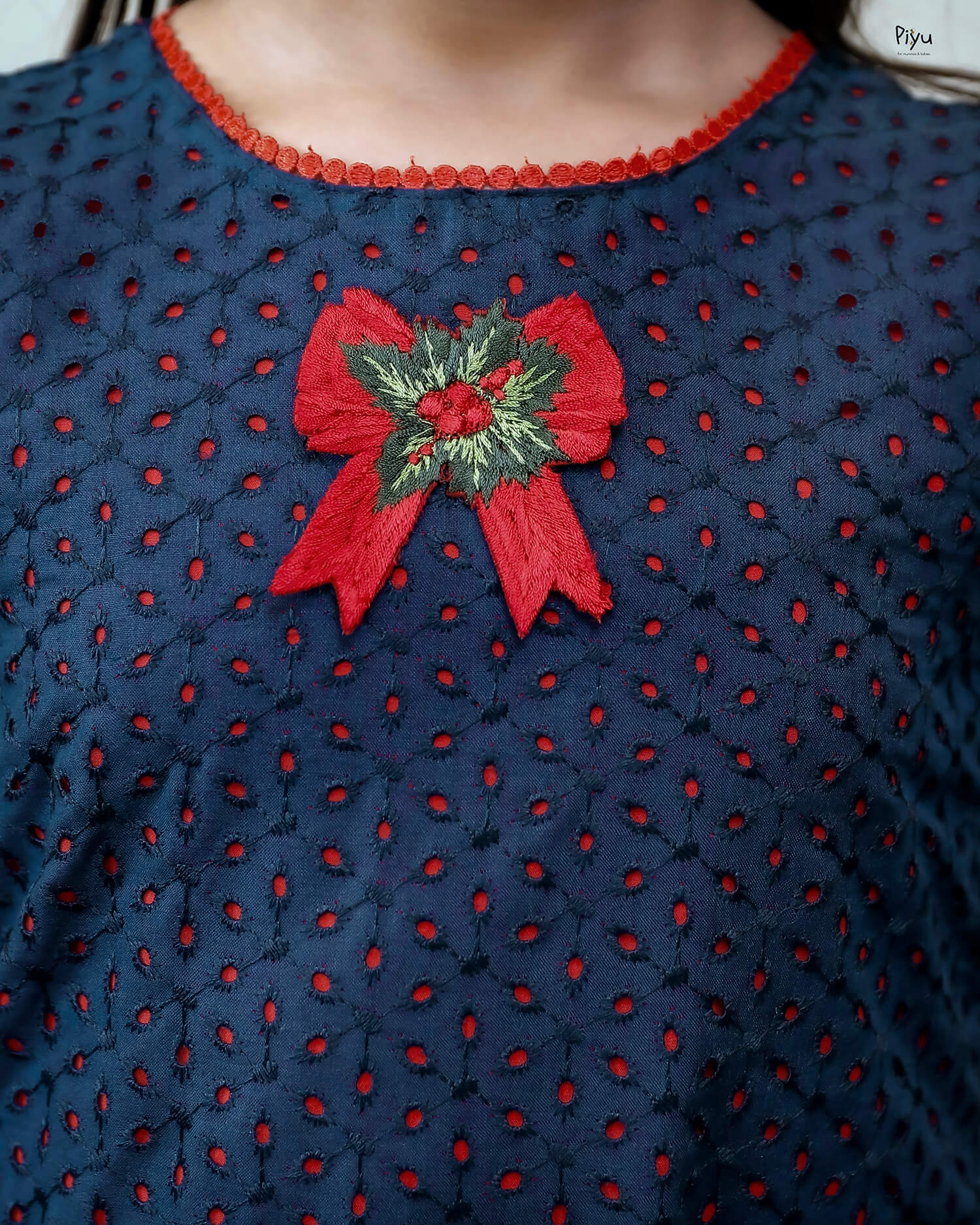 Cotton A-Line Frock: Embroidered & Lace Kids Dress-Navy Blue.