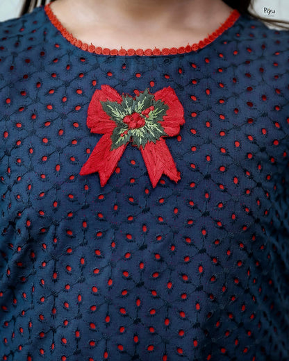 Cotton A-Line Frock: Embroidered & Lace Kids Dress-Navy Blue.