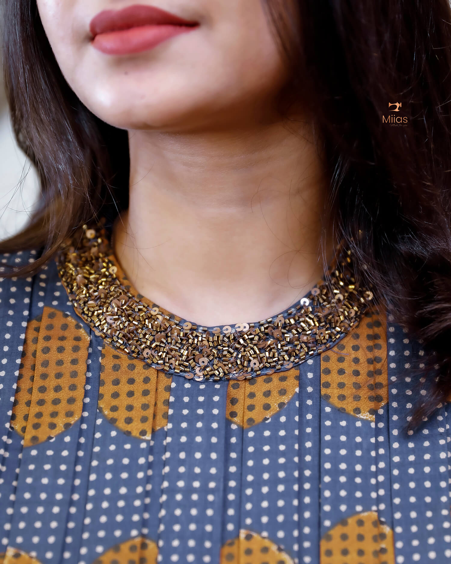 Cotton Ajrakh Print Kurti Handwork Beaded Neck-Deep Blue.