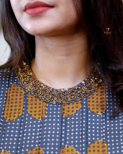 Cotton Ajrakh Print Kurti Handwork Beaded Neck-Deep Blue.
