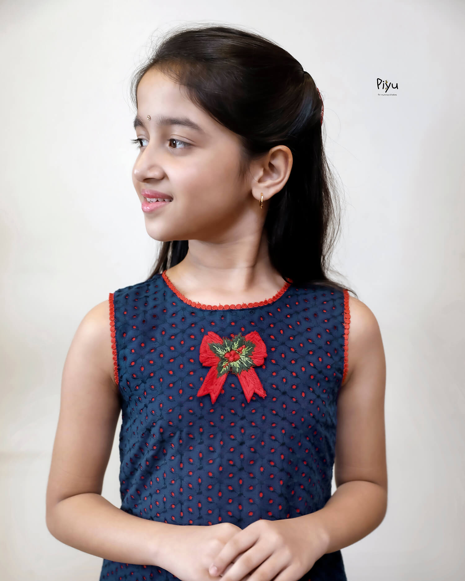 Cotton A-Line Frock: Embroidered & Lace Kids Dress-Navy Blue.