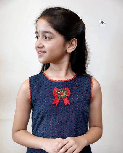 Cotton A-Line Frock: Embroidered & Lace Kids Dress-Navy Blue.