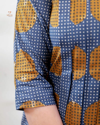 Cotton Ajrakh Print Kurti Handwork Beaded Neck-Deep Blue.