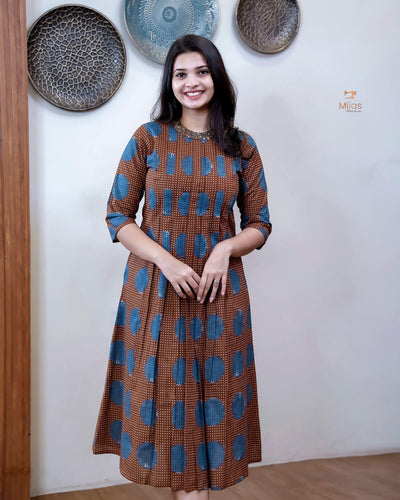 Cotton Ajrakh Print Kurti Handwork Beaded Neck-Coffee Brown.