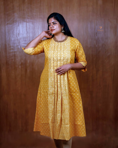 Printed Three Panel Kurti with Beaded Neck & Pocket