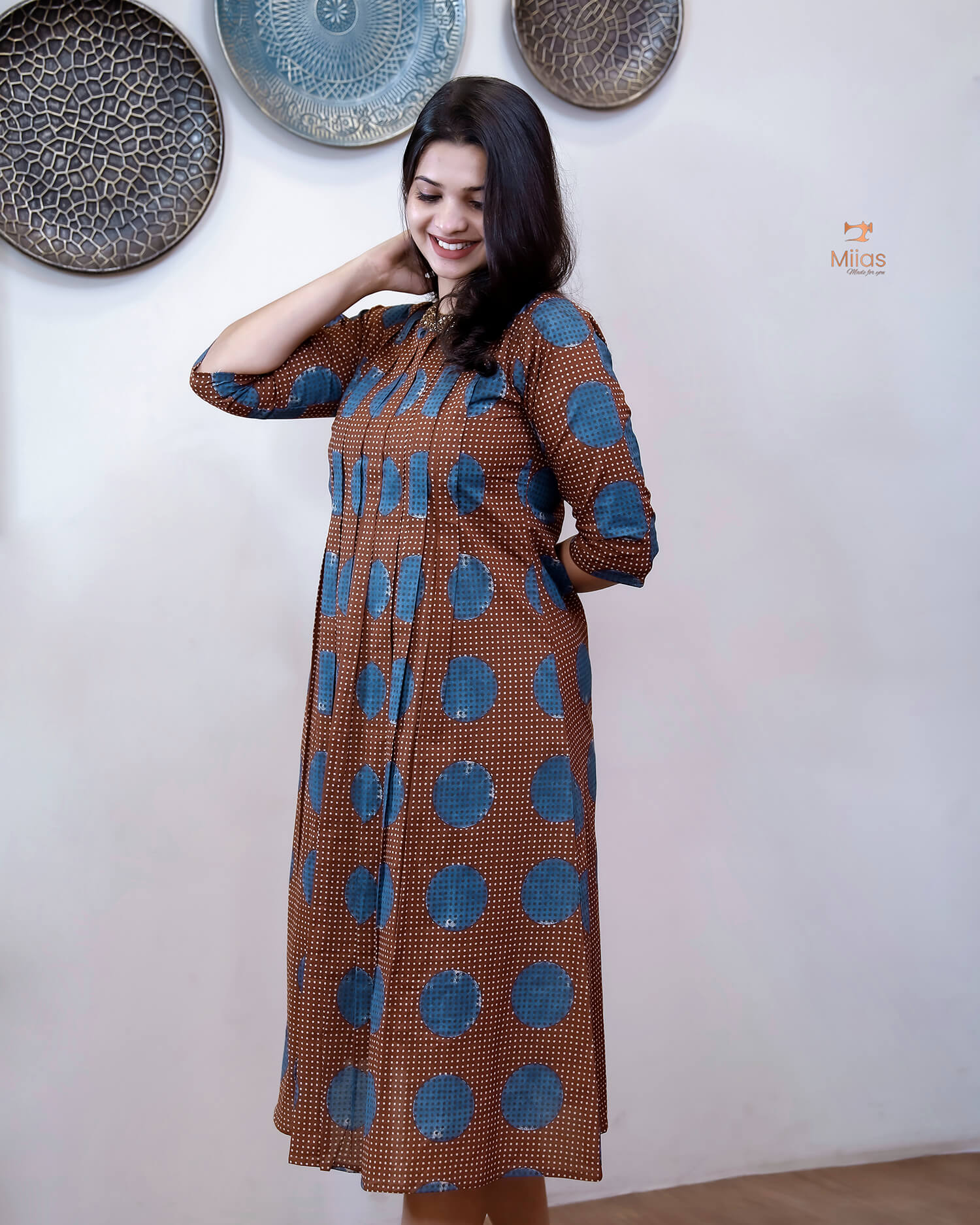 Cotton Ajrakh Print Kurti Handwork Beaded Neck-Coffee Brown.