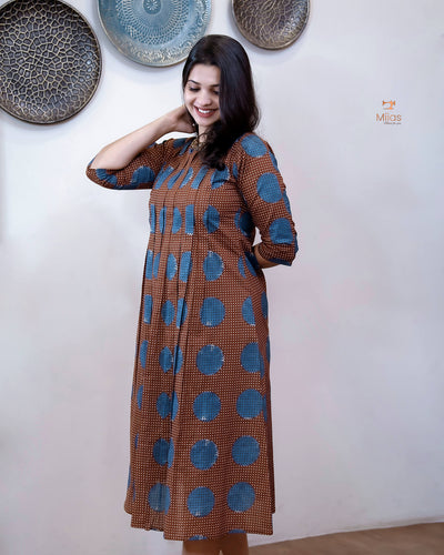 Cotton Ajrakh Print Kurti Handwork Beaded Neck-Coffee Brown.