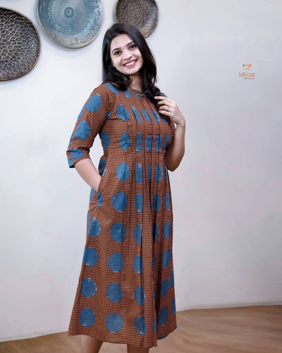 Cotton Ajrakh Print Kurti Handwork Beaded Neck-Coffee Brown.