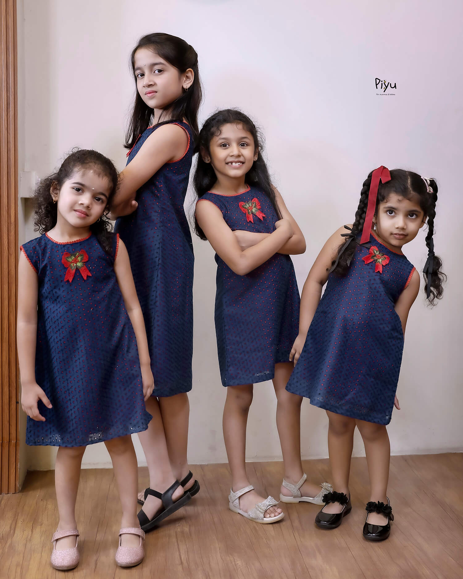 Cotton A-Line Frock: Embroidered & Lace Kids Dress-Navy Blue.