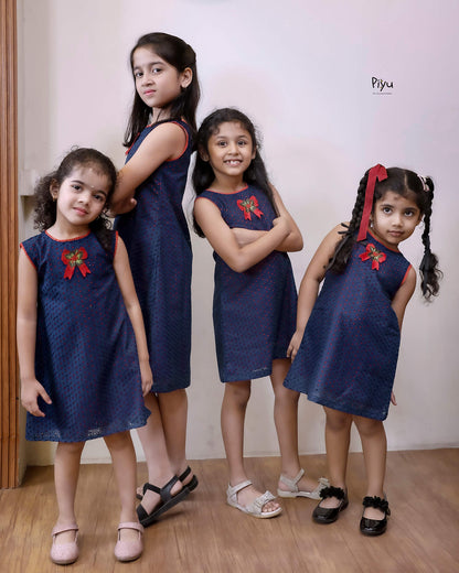 Cotton A-Line Frock: Embroidered & Lace Kids Dress-Navy Blue.