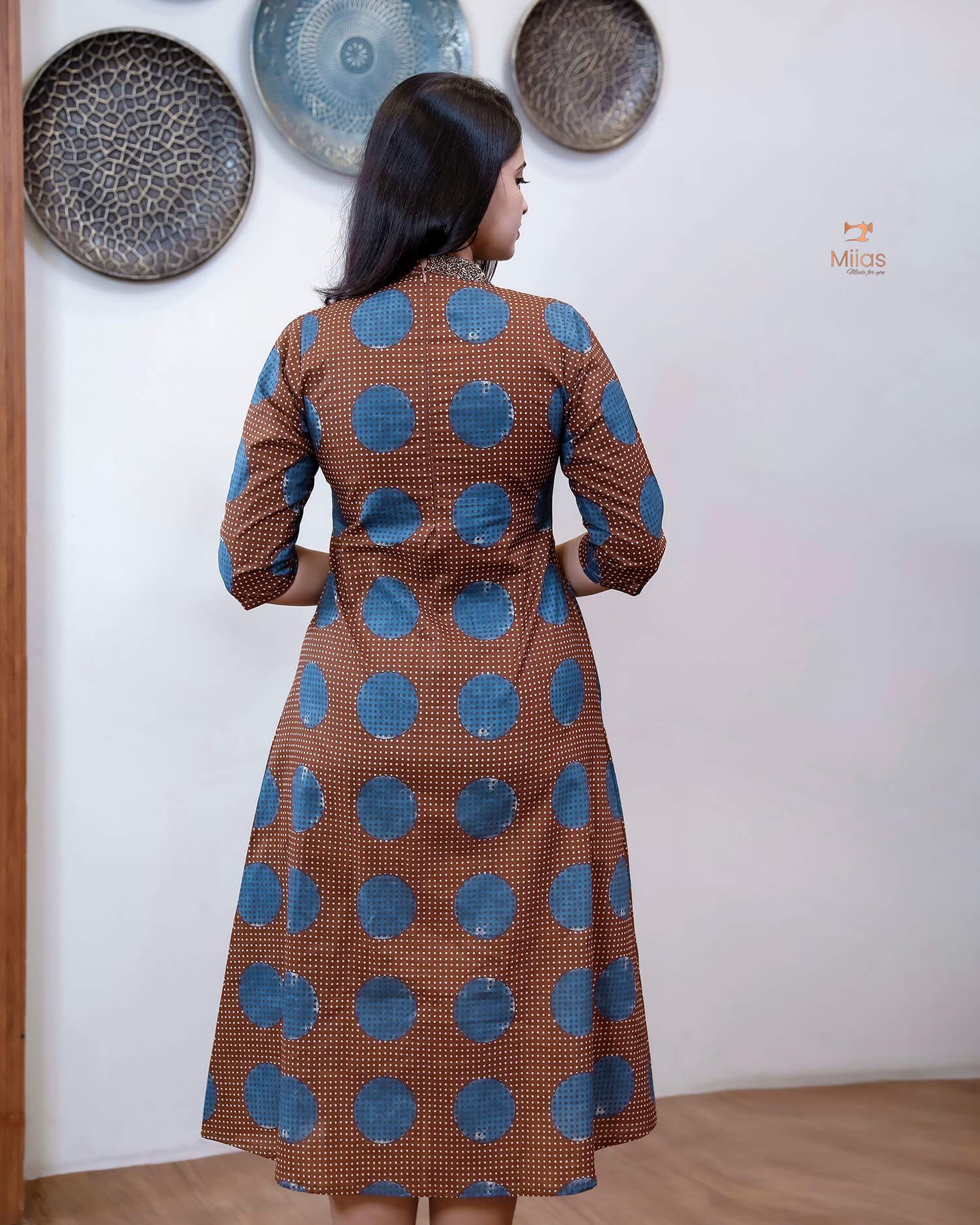 Cotton Ajrakh Print Kurti Handwork Beaded Neck-Coffee Brown.