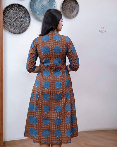 Cotton Ajrakh Print Kurti Handwork Beaded Neck-Coffee Brown.