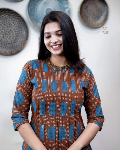 Cotton Ajrakh Print Kurti Handwork Beaded Neck-Coffee Brown.