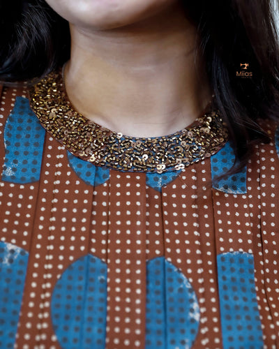 Cotton Ajrakh Print Kurti Handwork Beaded Neck-Coffee Brown.