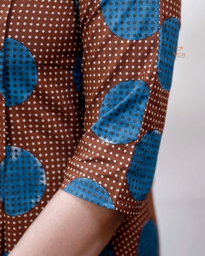Cotton Ajrakh Print Kurti Handwork Beaded Neck-Coffee Brown.