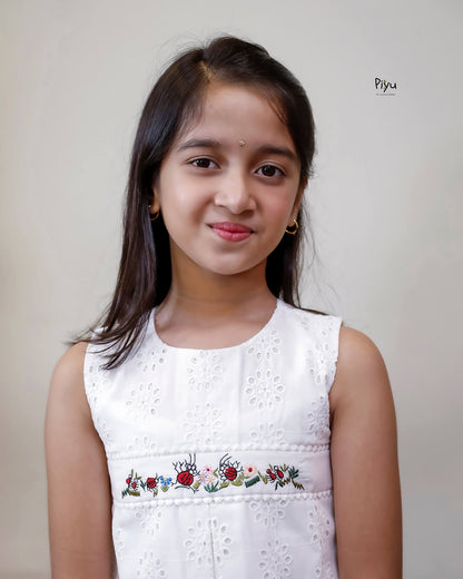Cotton A-Line Kids Frock: Embroidered & Laced-White.