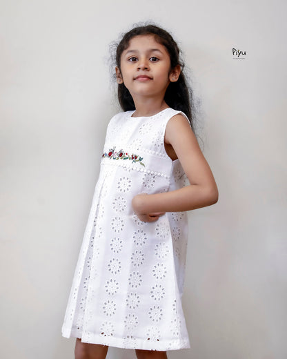 Cotton A-Line Kids Frock: Embroidered & Laced-White.