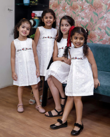Cotton A-Line Kids Frock: Embroidered & Laced-White.